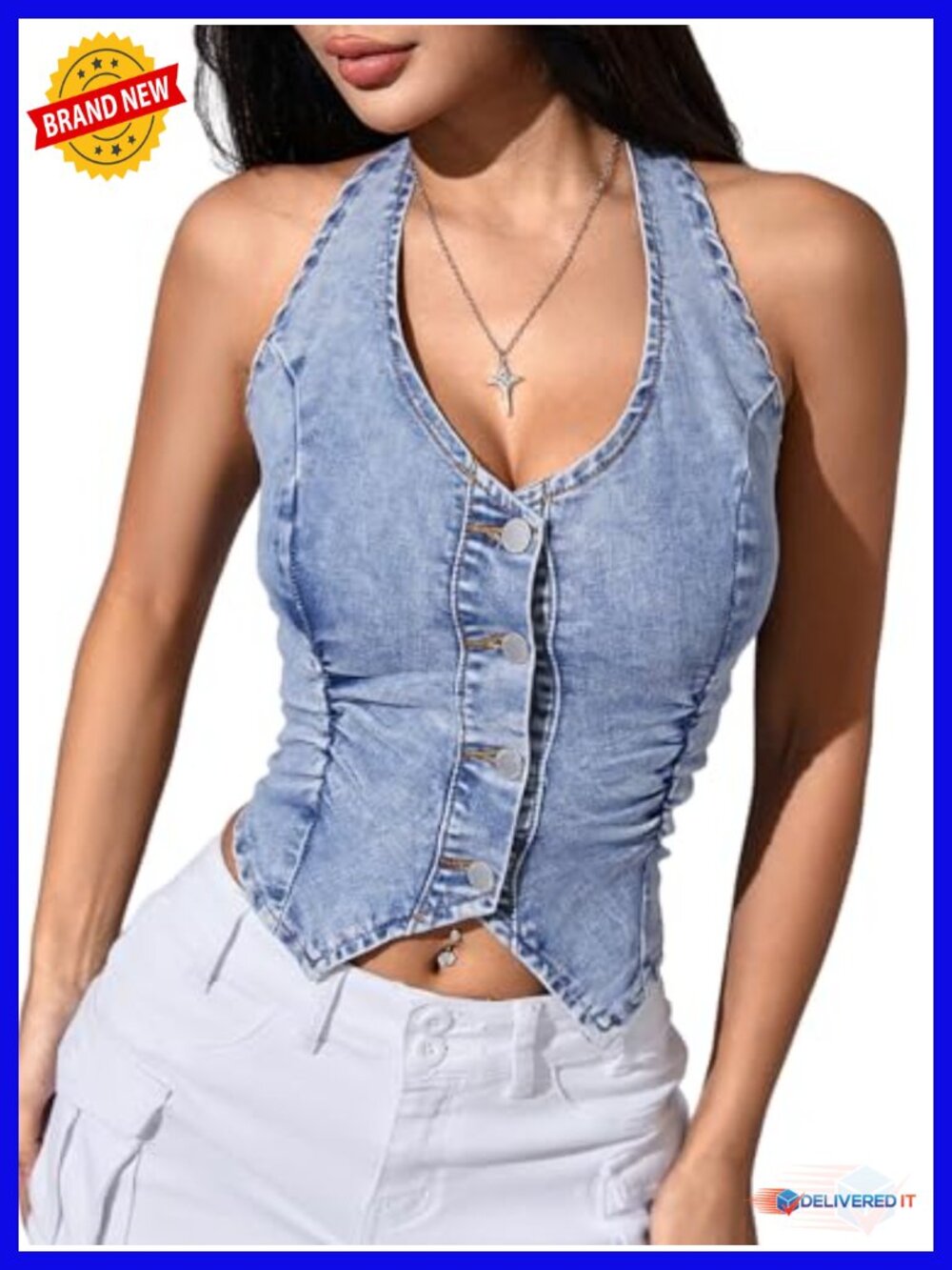 Vintage Halter Jean Crop Tank Top Sleeveless Denim Vest Button Front